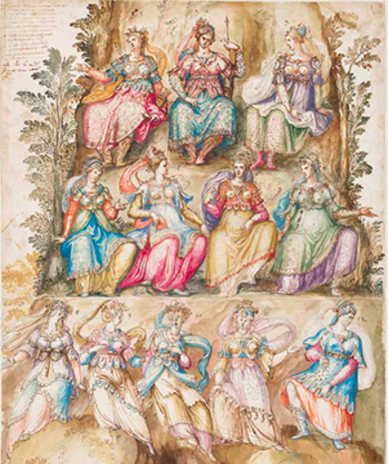 Un particolare degli Intermedi della Pellegrina, in cui secondo le fonti Lucia Gagnolanti si esibì. Bernardo Buontalenti, Le Ninfe Amadriadi, 1589. Firenze, Biblioteca Nazionale Centrale, Palatino C.B.3.53, tav. 30-31.